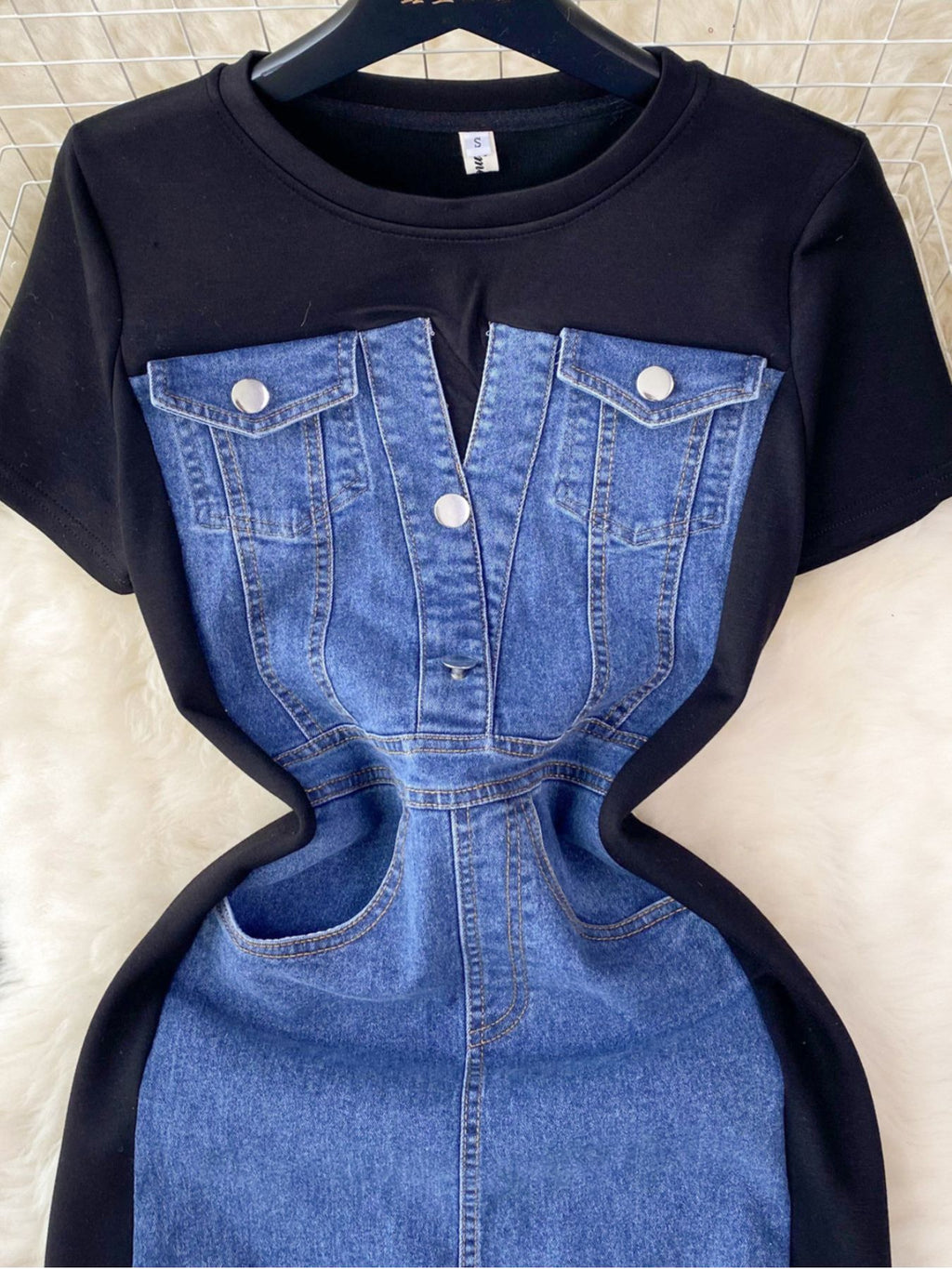 Full Size Denim Patchwork Short Sleeve Slit Back Dress Plus Size - product image 8
