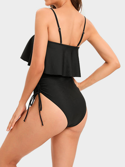 Drawstring Layered Spaghetti Strap One-Piece Swimwear