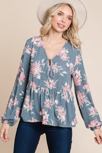 Super Lady Full Size Babydoll Floral Long Sleeve Blouse