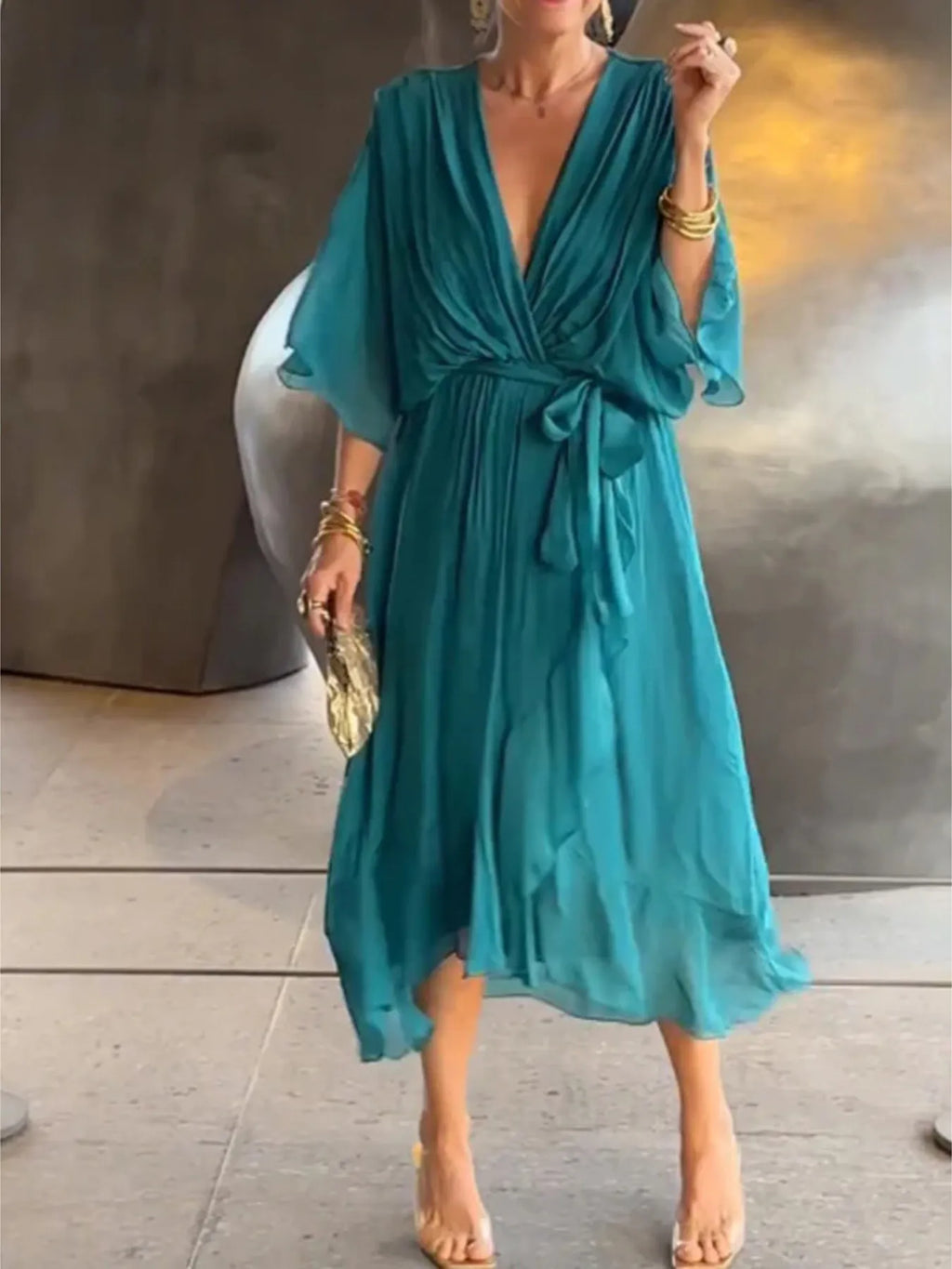 Flowy Tie Front Midi Dress with Flutter Sleeves - product image 10