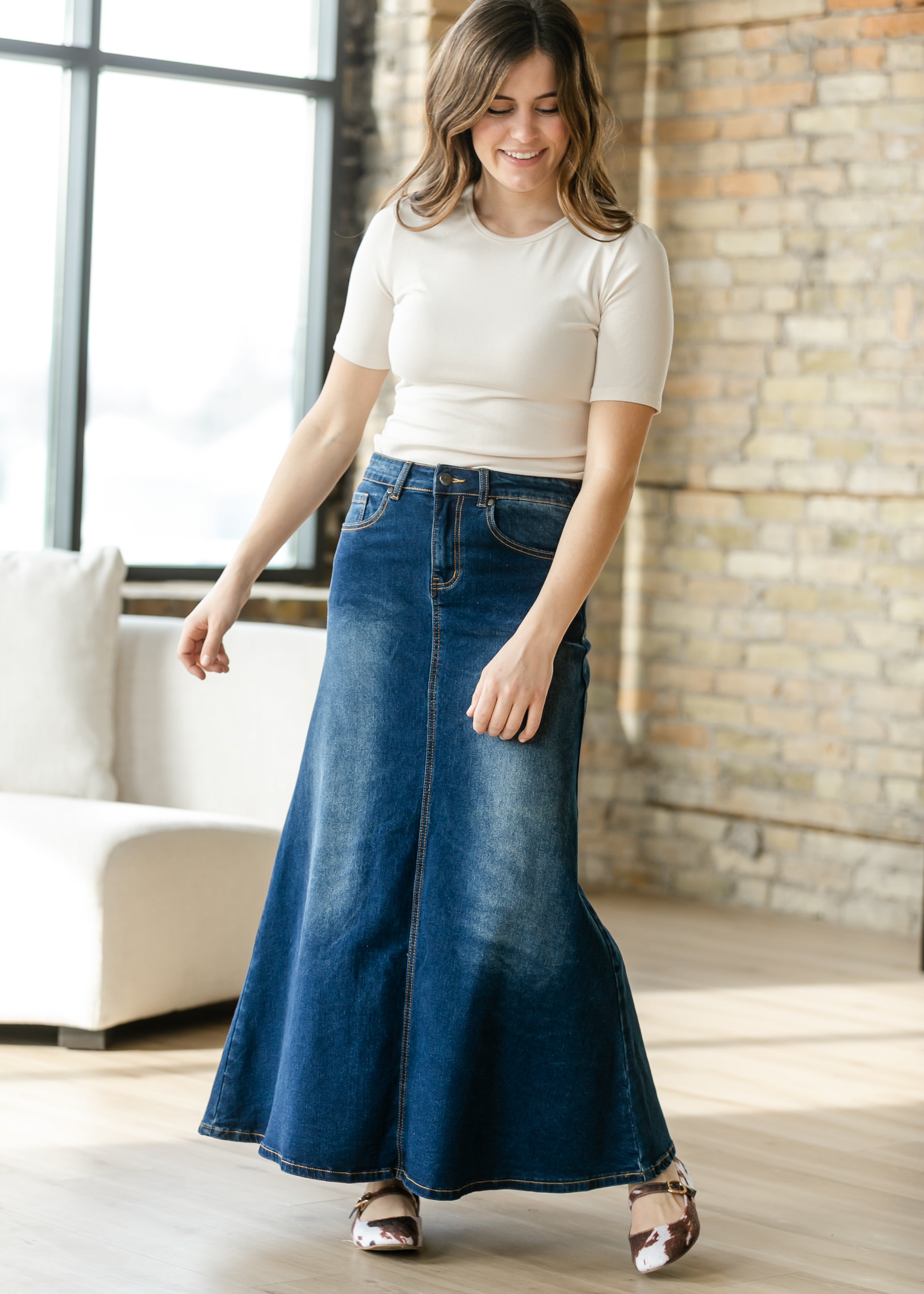 Bethany Dark Wash A-line Long Denim Skirt - FINAL SALE Secondary image