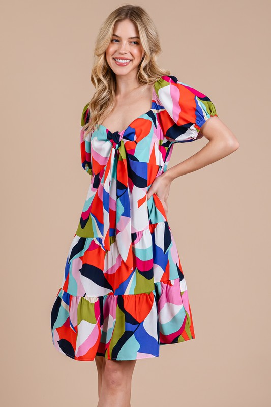 Ces Femme Abstract Print Sweetheart Neck Puff Sleeve Dress