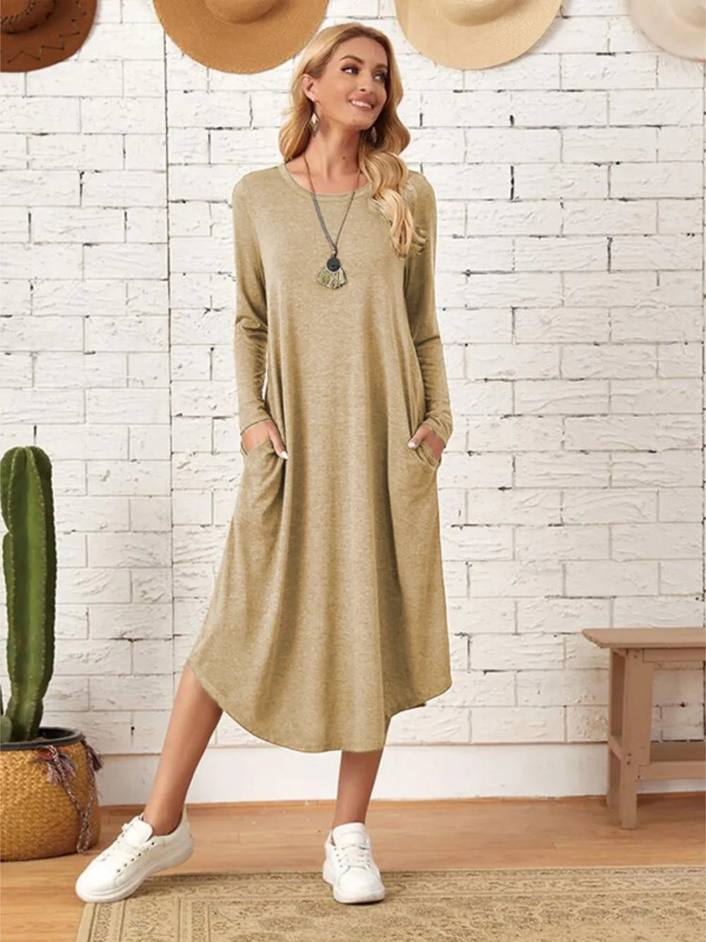 Pocketed Round Neck Long Sleeve Tee Dress - product image 13