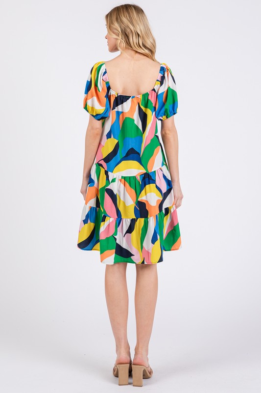 Ces Femme Abstract Print Sweetheart Neck Puff Sleeve Dress