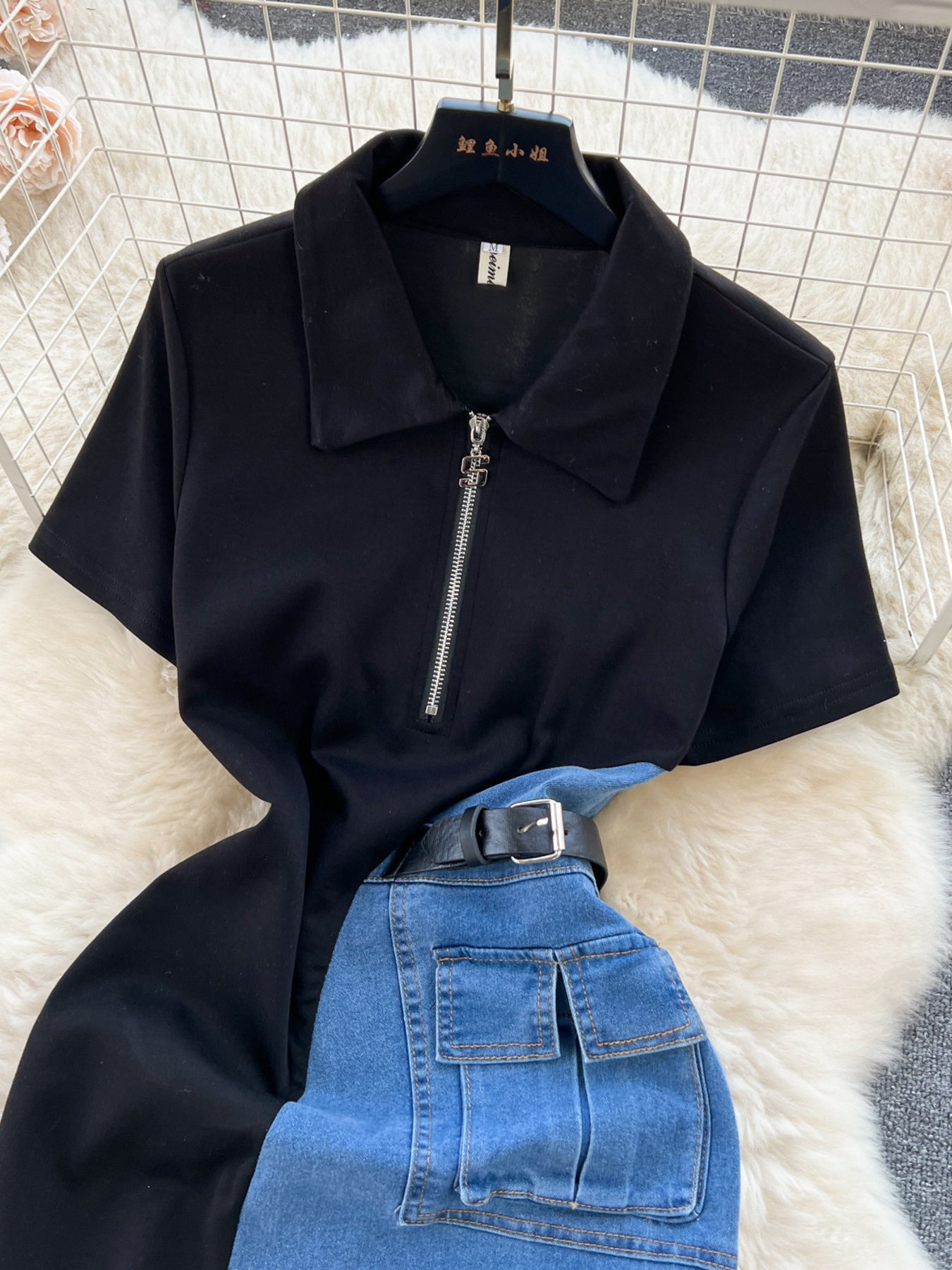 Color-Block Patchwork Denim Short-Sleeve Midi Dress Secondary image