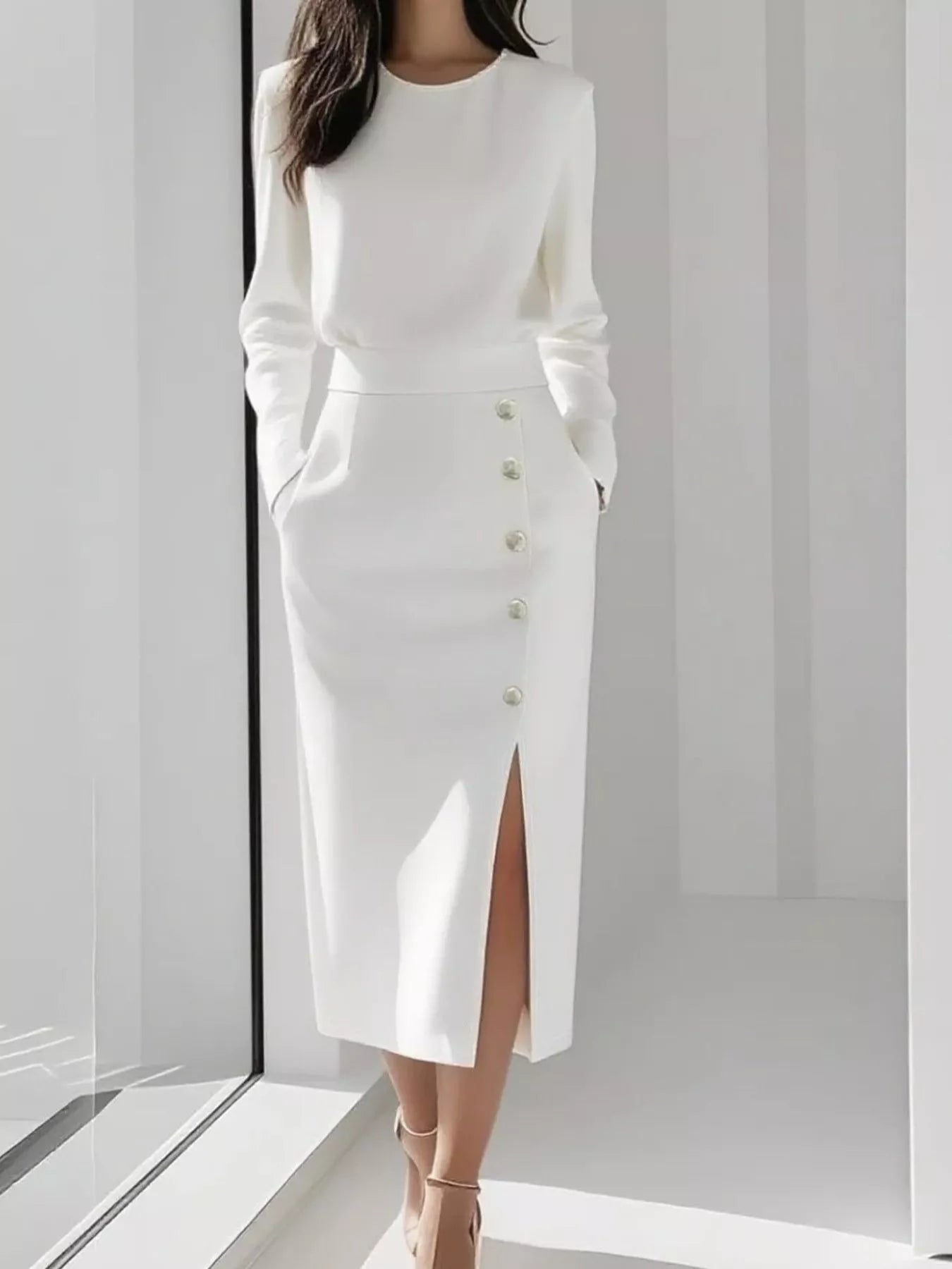 Long Sleeve Button Detail Midi Dress with Side Slit view 7 - Shopiebay
