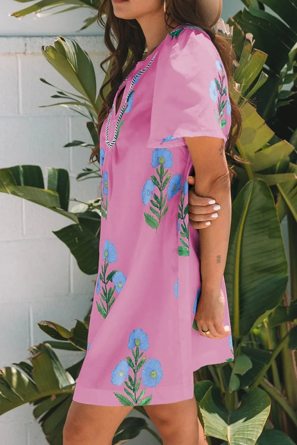 Floral Notched Summer Mini Dress with Striped Trim - product image 3
