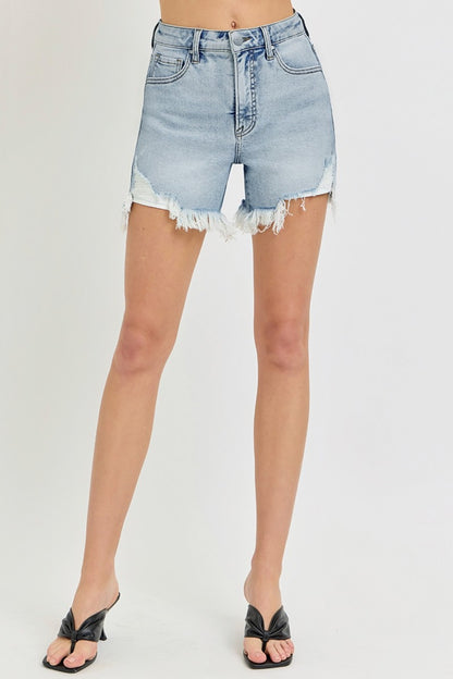 RISEN High Rise Side Step Hem Denim Shorts