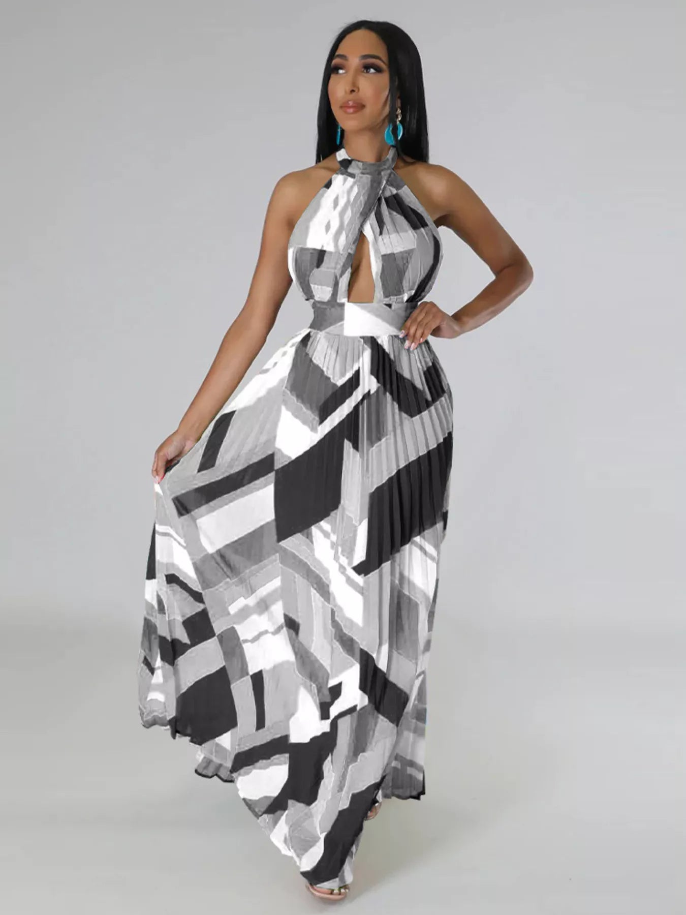 Halter Neck Geometric Print Pleated Maxi Dress - product image 20