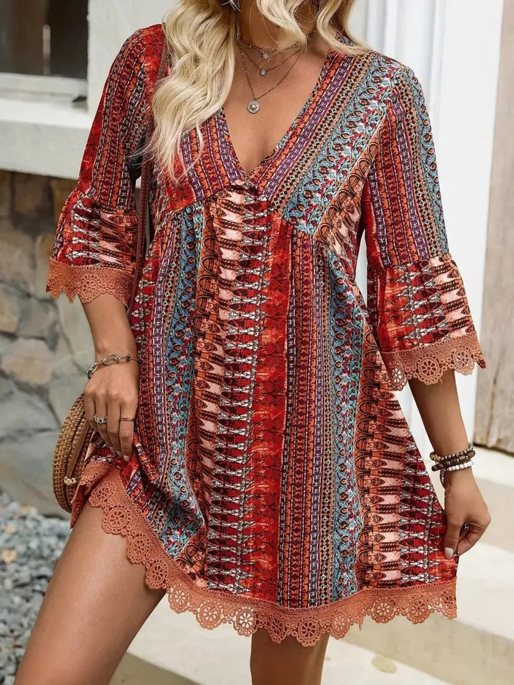 Lace Trim Printed V-Neck 3/4 Sleeve Dress - product image 4