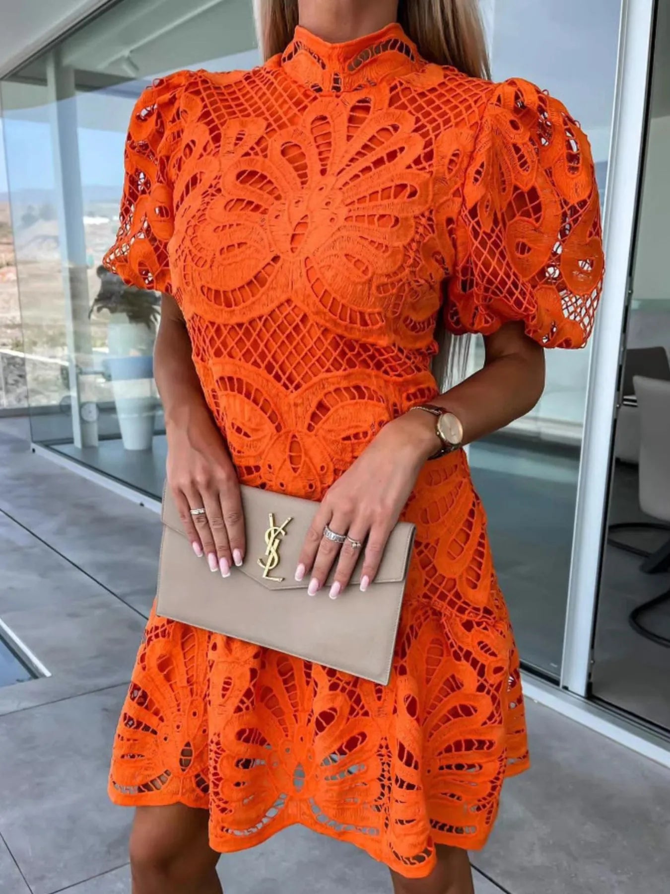 Lace Mock Neck Puff Sleeve Dress - product image 9
