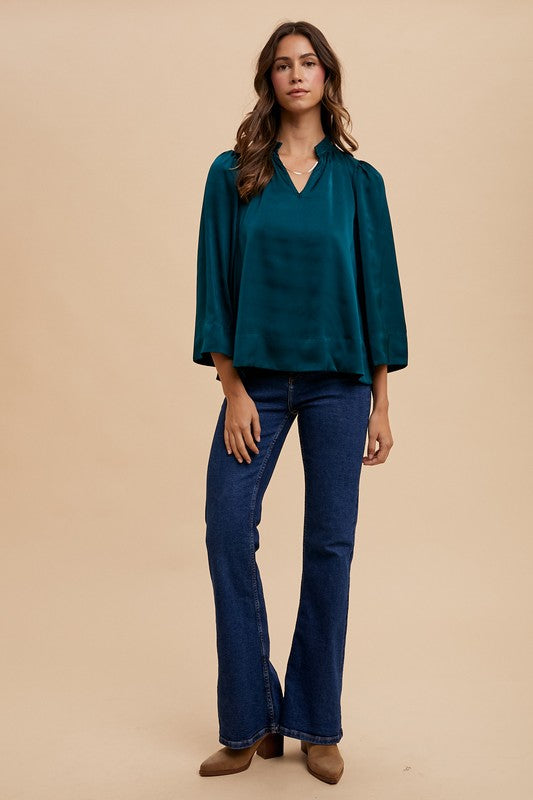 Annie Wear Satin Notched Three-Quarter Sleeve Blouse