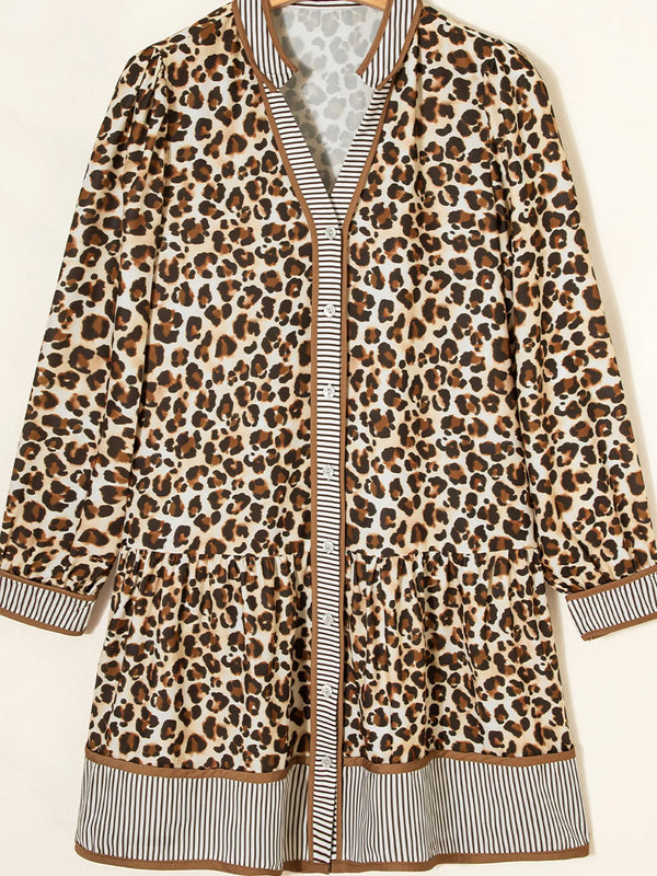 Leopard Print Striped Patchwork 3/4 Sleeve Loose Mini Dress view 3 - Shopiebay