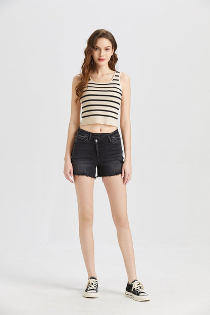 BAYEAS Stepped Waist Raw Hem Denim Shorts