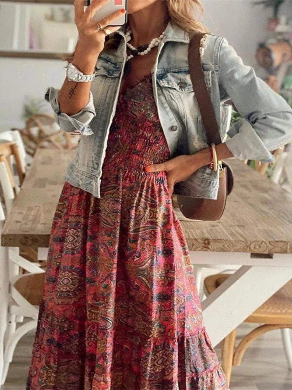 Smocked Printed V-Neck Short Sleeve Dress - product image 3