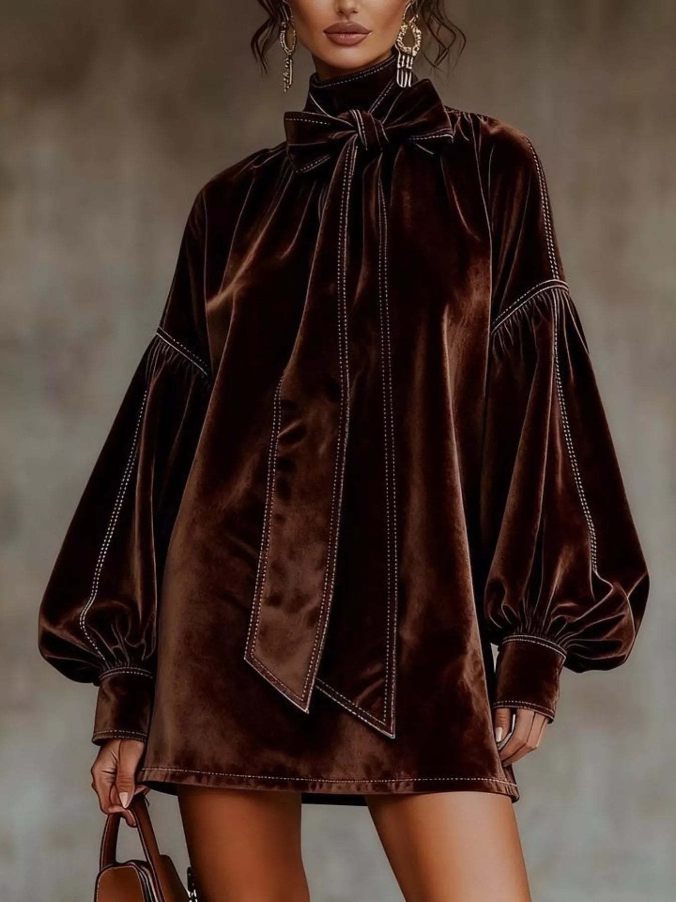 Velvet Bow-Tie Long Sleeve Mini Dress Main image