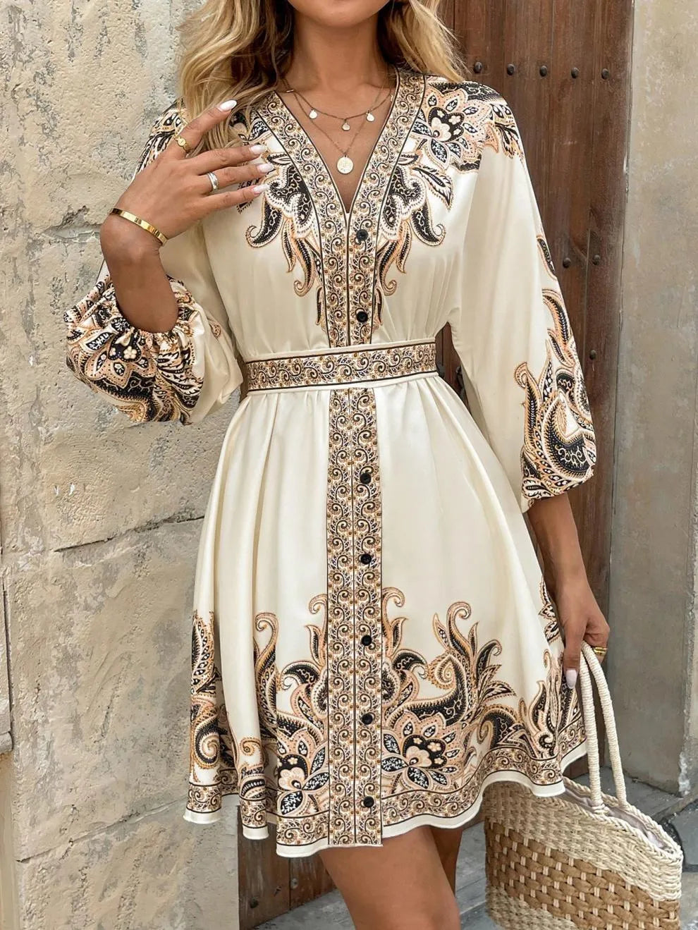 Paisley V-Neck 3/4 Sleeve Mini Dress - product image 12