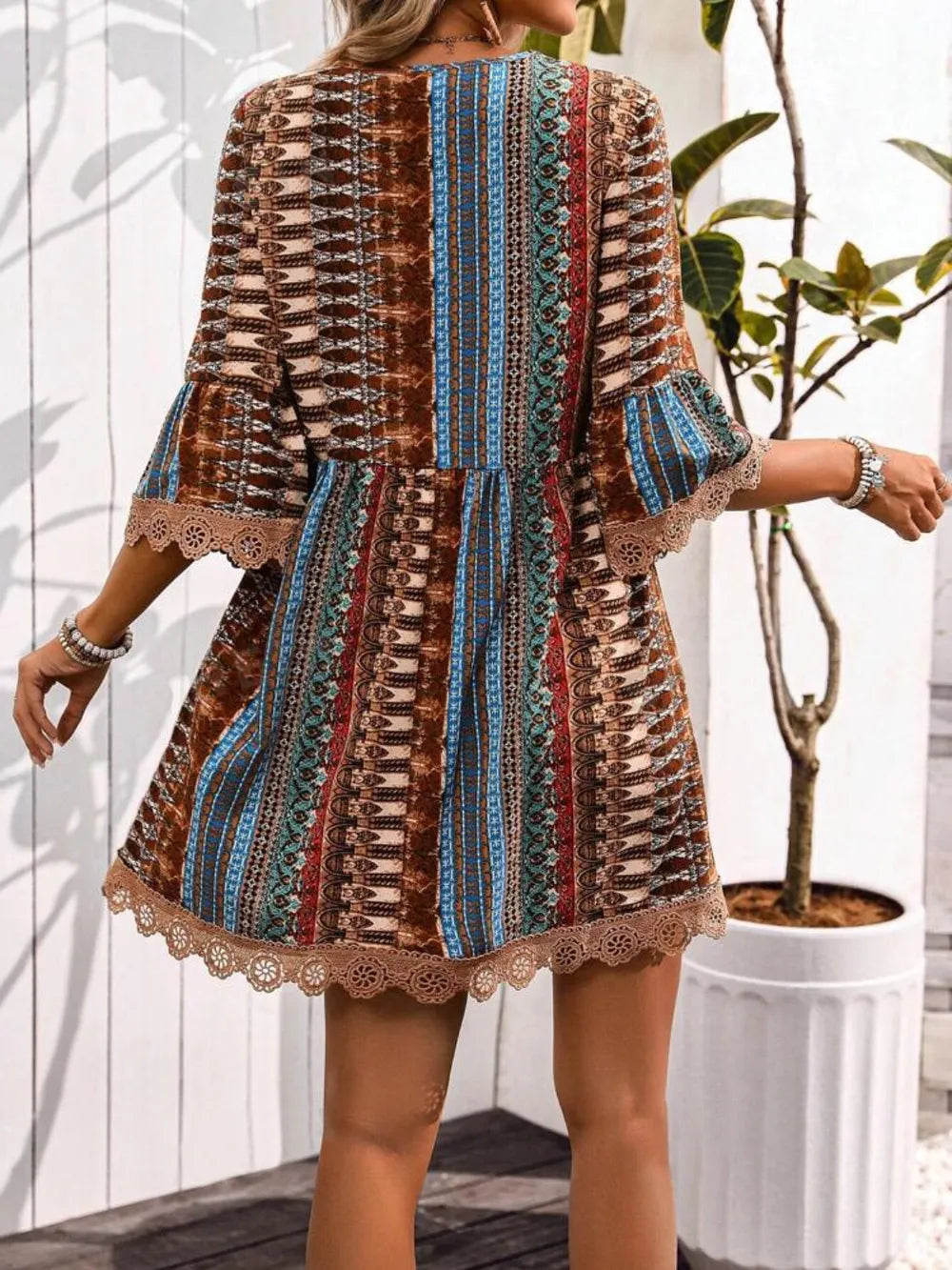 Lace Trim Printed V-Neck 3/4 Sleeve Dress - product image 11