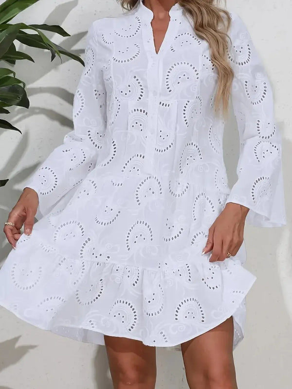 Ruffle Hem Eyelet Notched Long Sleeve Dress - product image 3