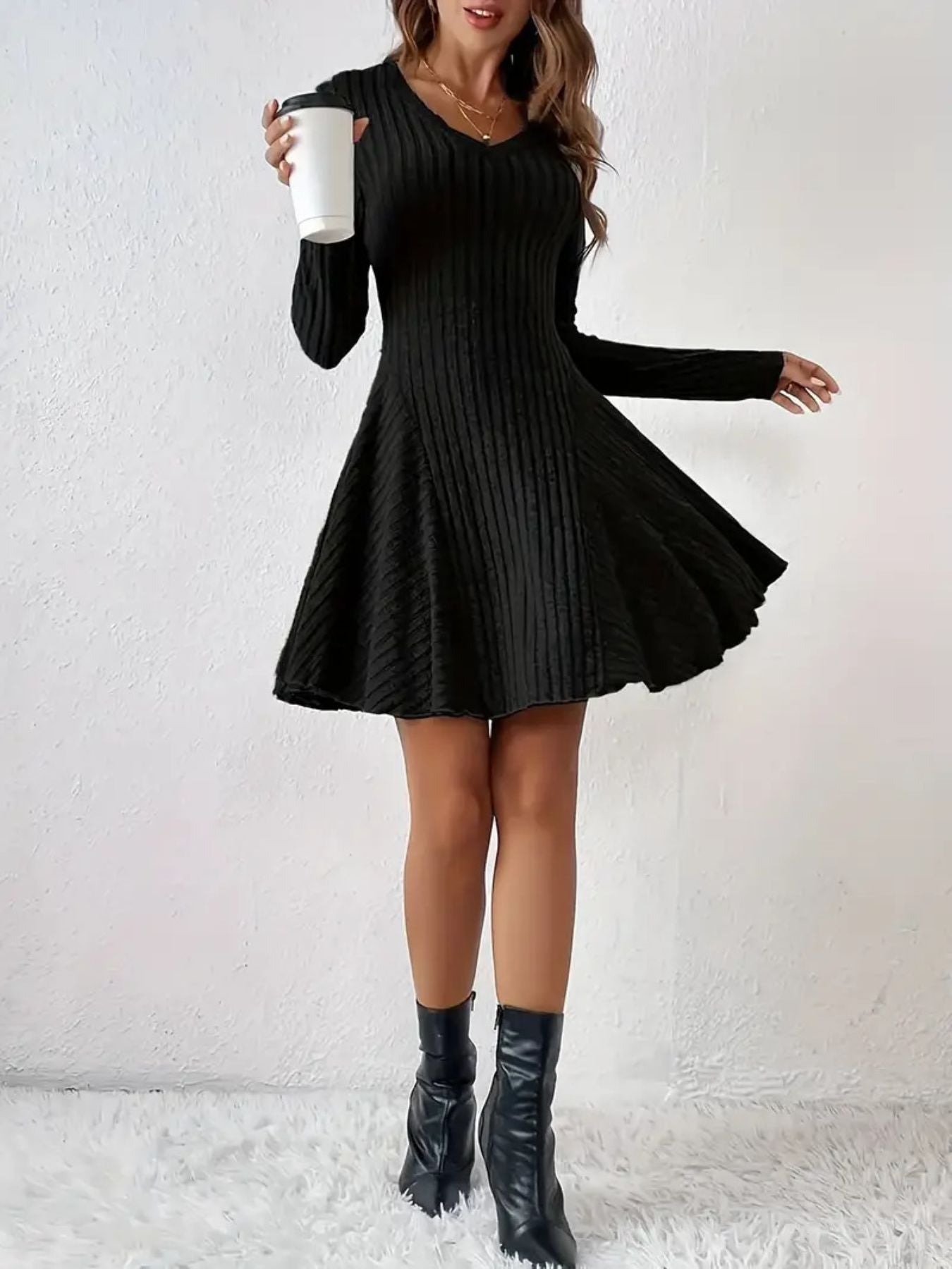 Ribbed Knit Long Sleeve A-Line Dress view 3 - Shopiebay