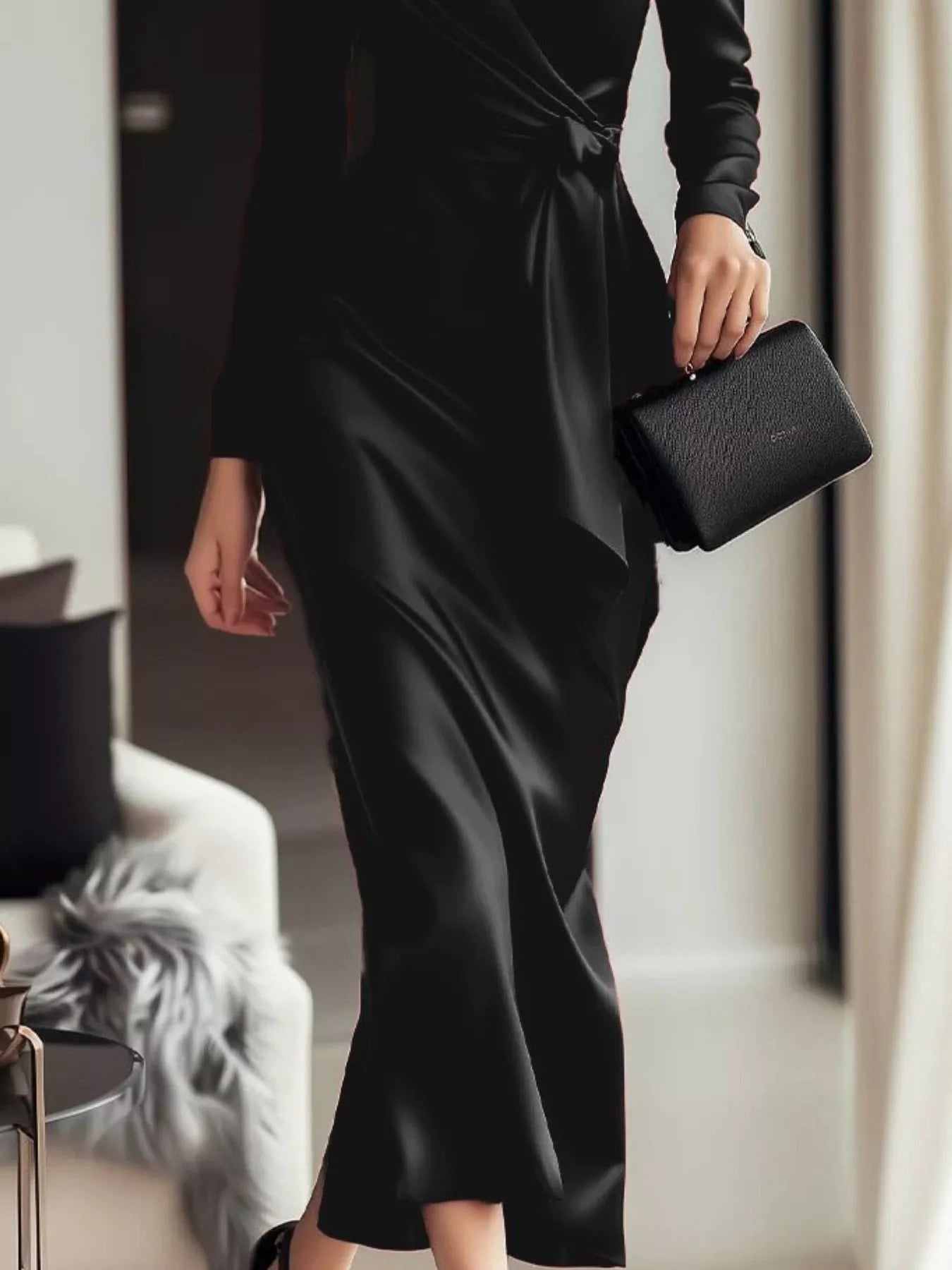 Satin Wrap Long Sleeve Midi Dress view 8 - Shopiebay