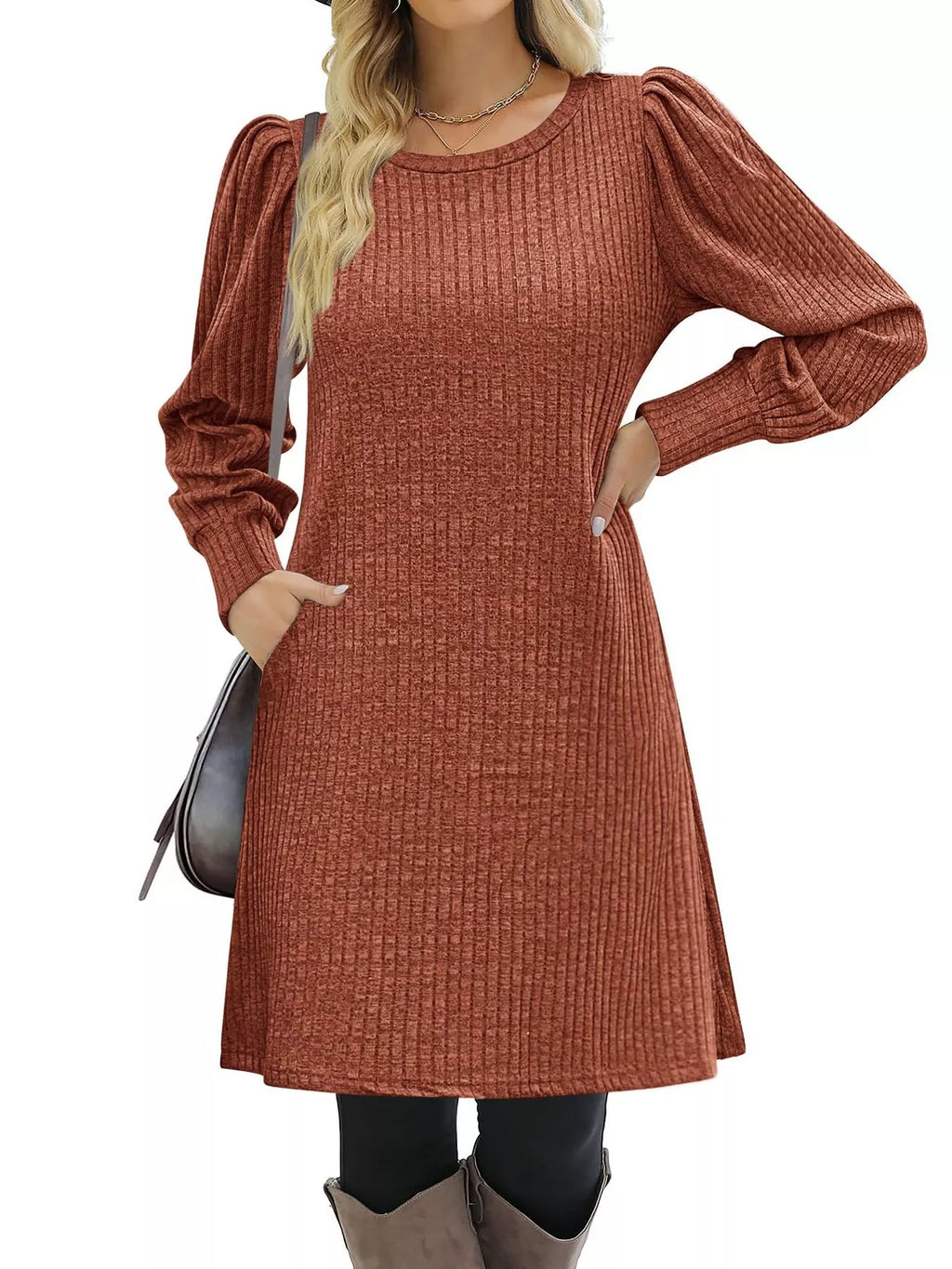 Ribbed Knit Puff Sleeve Casual Mini Dress - product image 32
