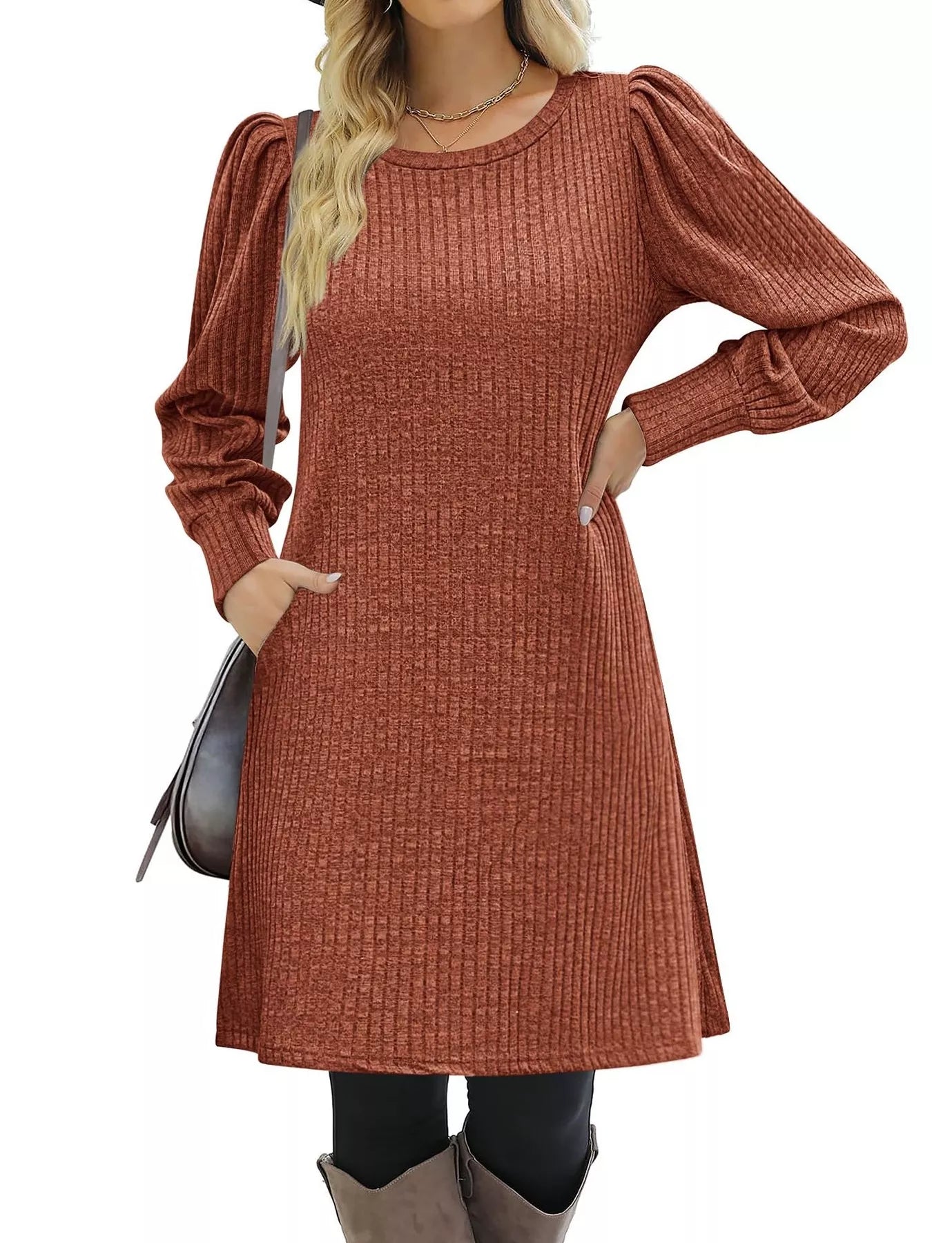 Ribbed Knit Puff Sleeve Casual Mini Dress - product image 32