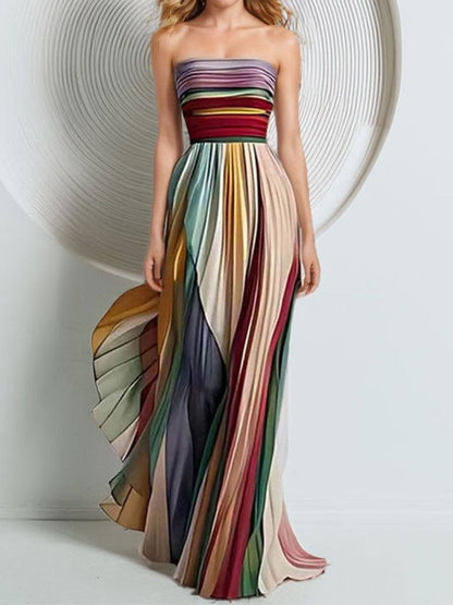 Striped Pleated Strapless Maxi Dress - Shopiebay women's boutique