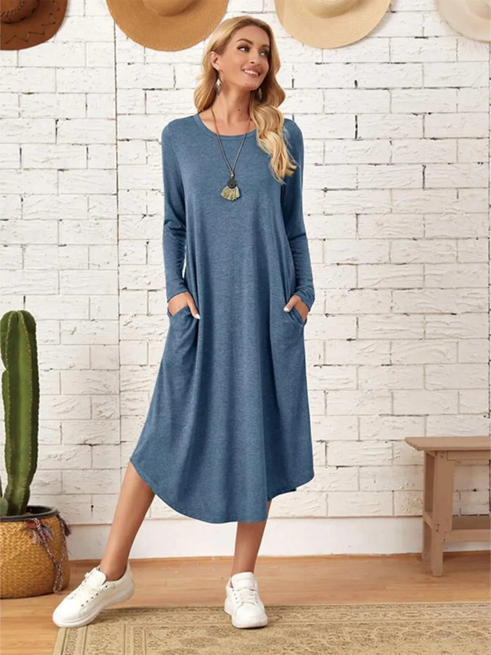 Pocketed Round Neck Long Sleeve Tee Dress - product image 16