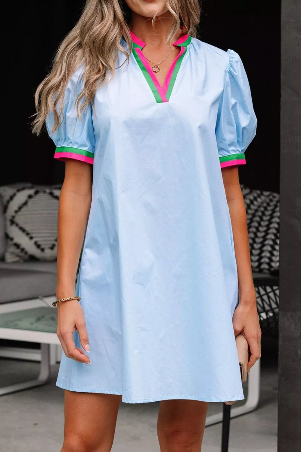 Puff Sleeve Mini Dress with Contrast Trim - product image 4