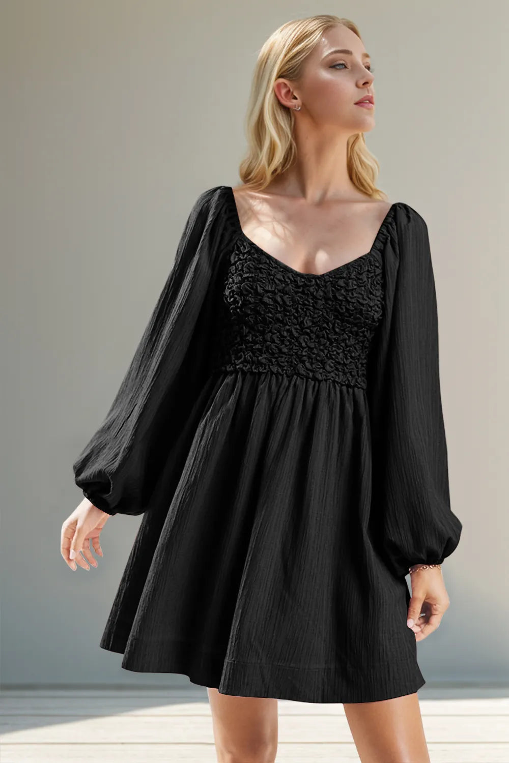 Double Take Texture Smocked Balloon Sleeve Mini Dress Main image