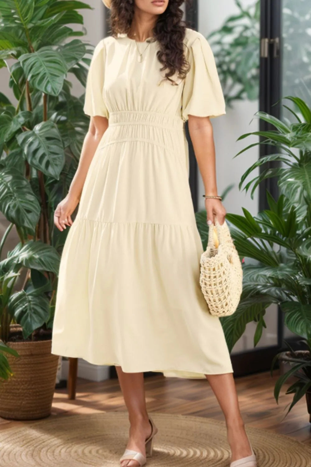 Puff Sleeve Pleated High Waist Flowy Midi Dress view 6 - Shopiebay