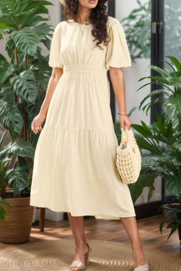 Puff Sleeve Pleated High Waist Flowy Midi Dress view 6 - Shopiebay