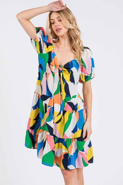 Ces Femme Abstract Print Sweetheart Neck Puff Sleeve Dress