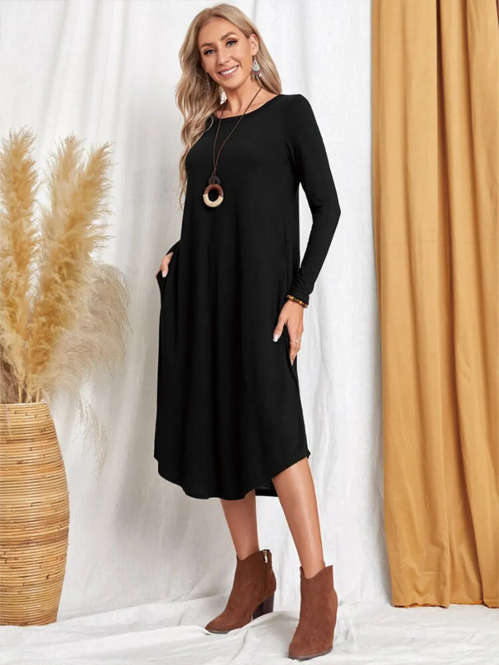 Pocketed Round Neck Long Sleeve Tee Dress view 11 - Shopiebay