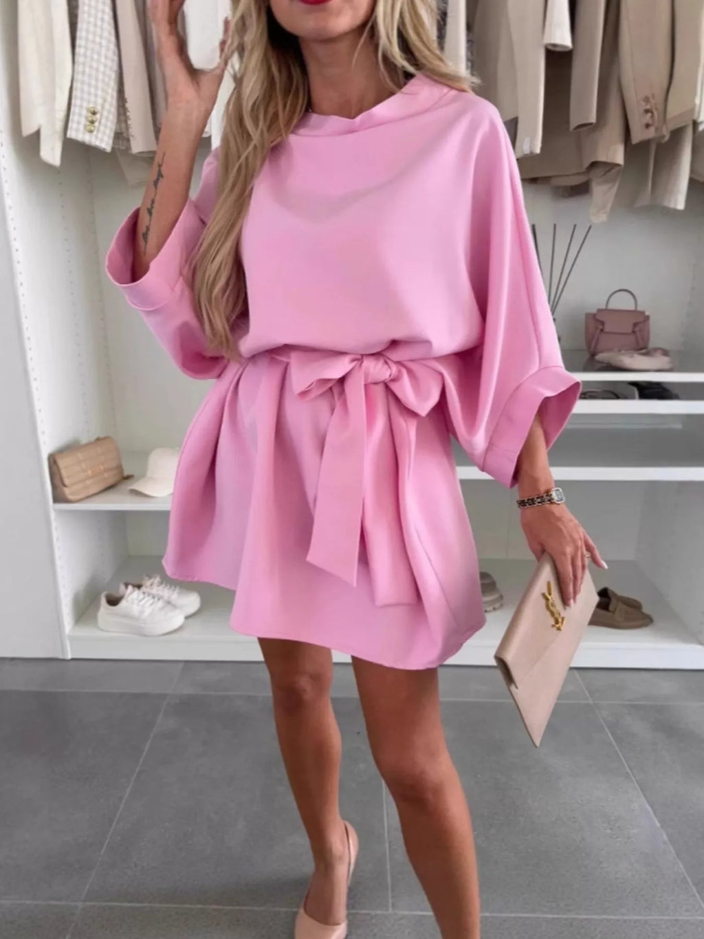 Batwing Sleeve Tie Waist Mini Dress - product image 4
