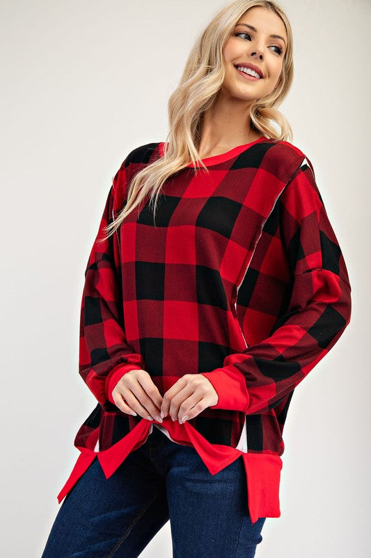 Celeste Full Size High-Low Plaid Round Neck Sweatshirt