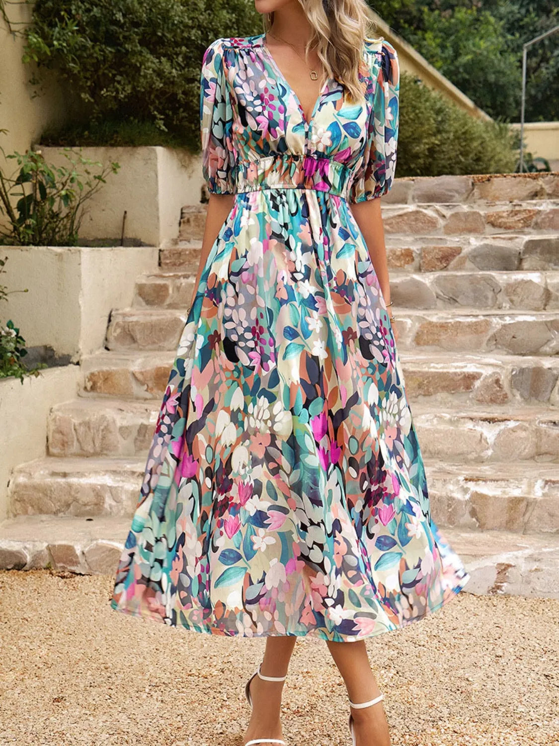 Printed Puff Sleeve Midi Dress view 6 - Shopiebay
