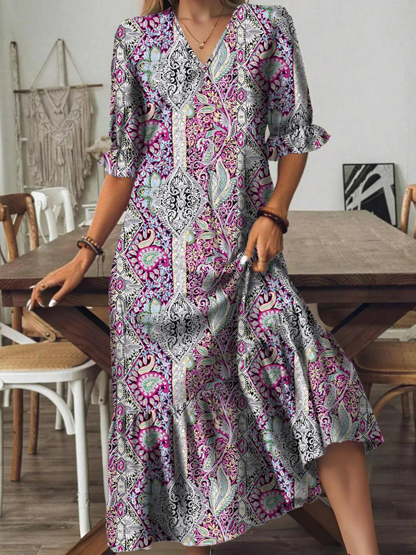 Full Size Bohemian Paisley Print V-Neck Midi Dress Plus Size view 7 - Shopiebay