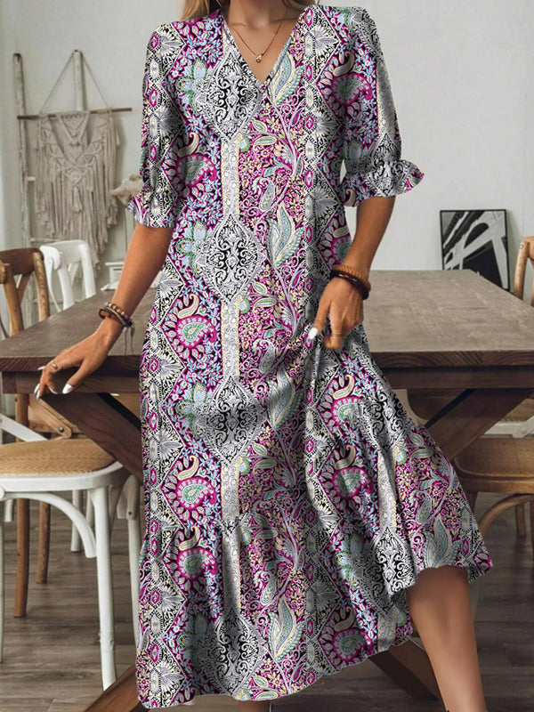 Bohemian Paisley Print V-Neck Midi Dress - product image 7