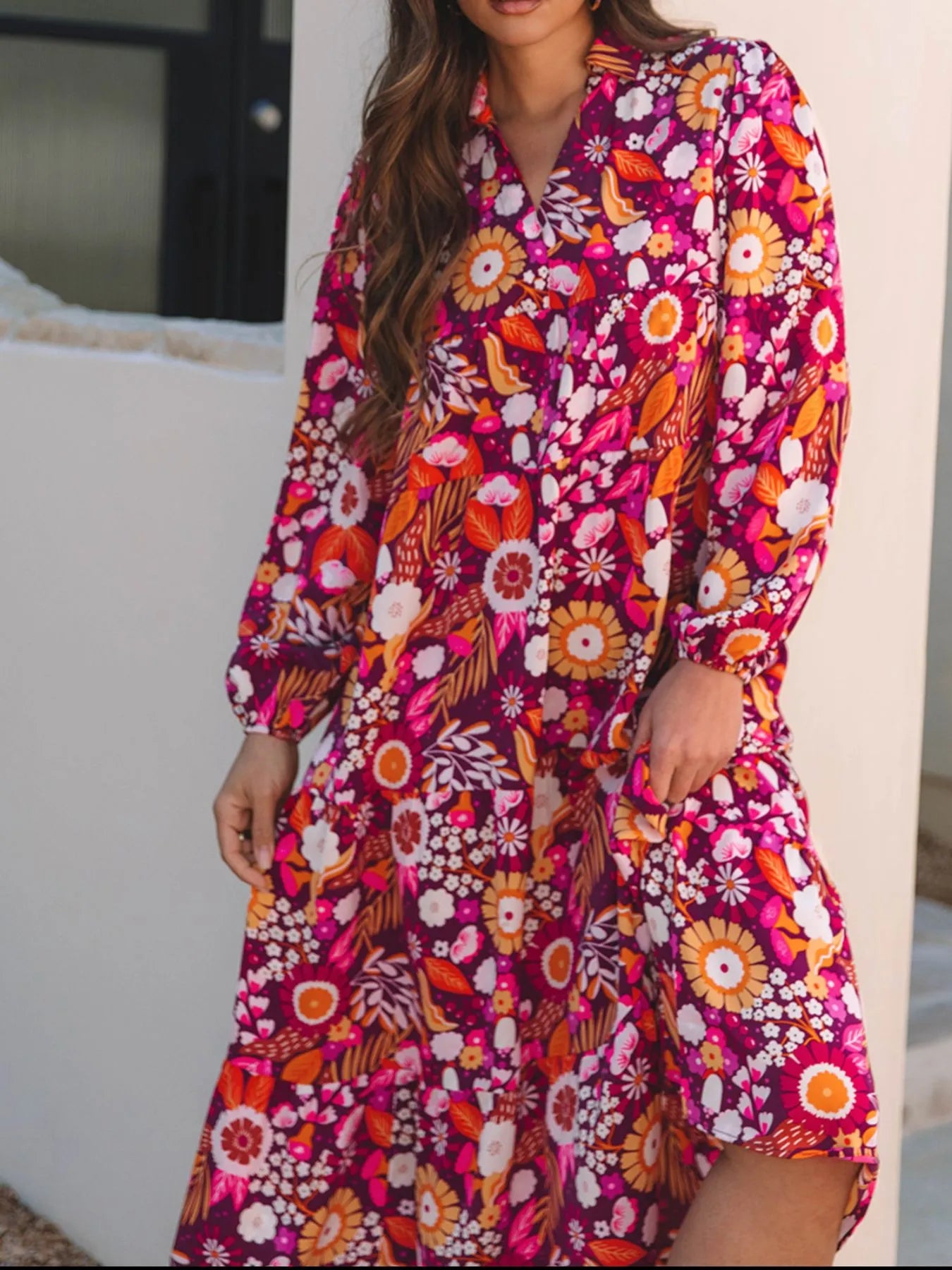 Floral Print Long Sleeve Midi Dress with Pockets - product image 3
