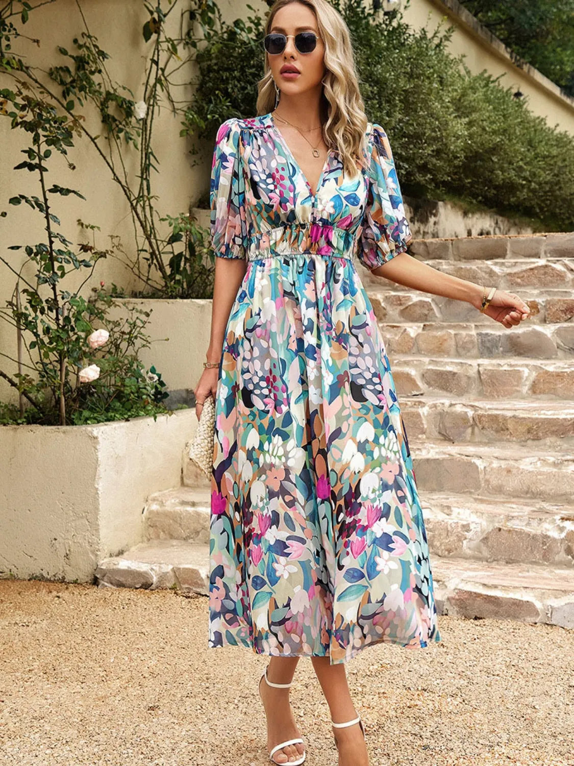 Printed Puff Sleeve Midi Dress view 5 - Shopiebay