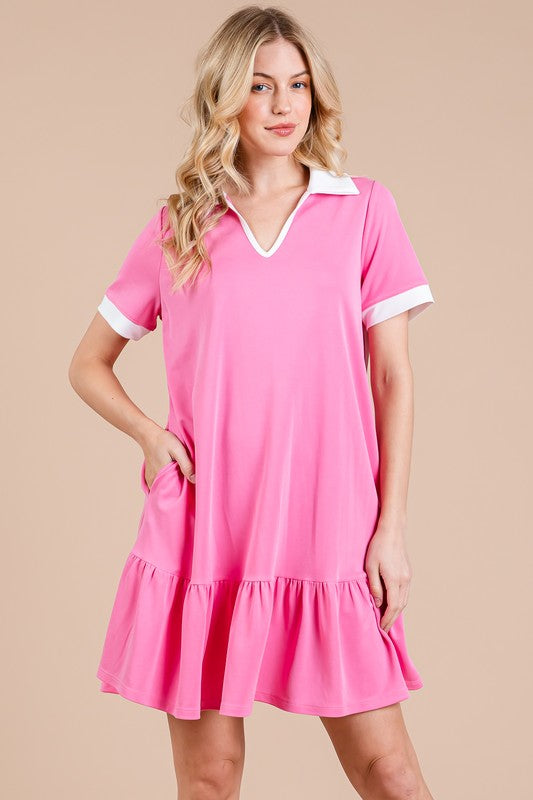 Ces Femme Ruffled Hem Johnny Collar Short Sleeve Dress