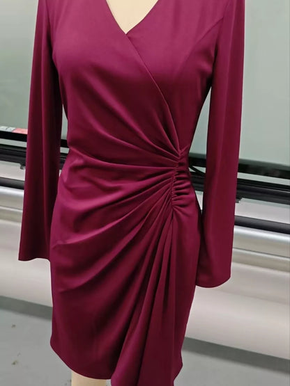 Front Ruched V-Neck Long Sleeve Dress view 6 - Shopiebay