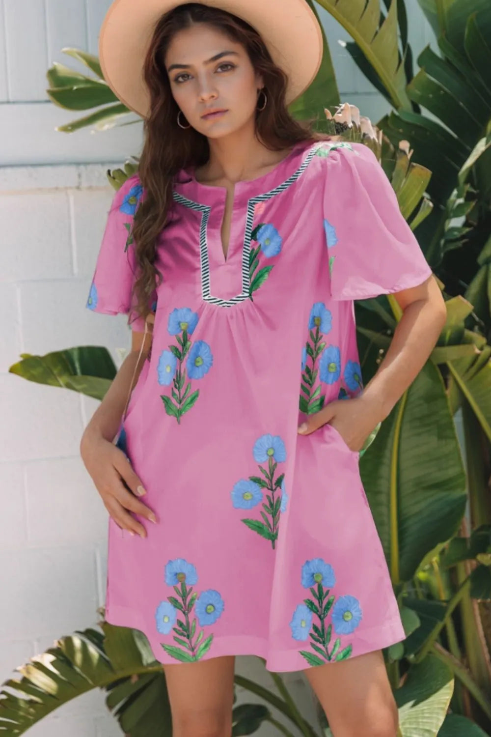 Floral Notched Summer Mini Dress with Striped Trim Main image
