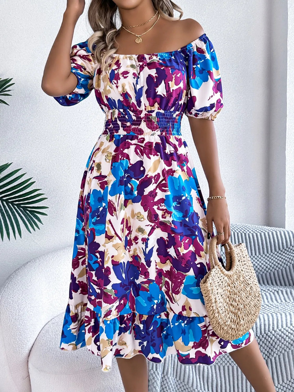 Ruffled Hem Smocked Floral Short Sleeve Midi Dress - product image 13