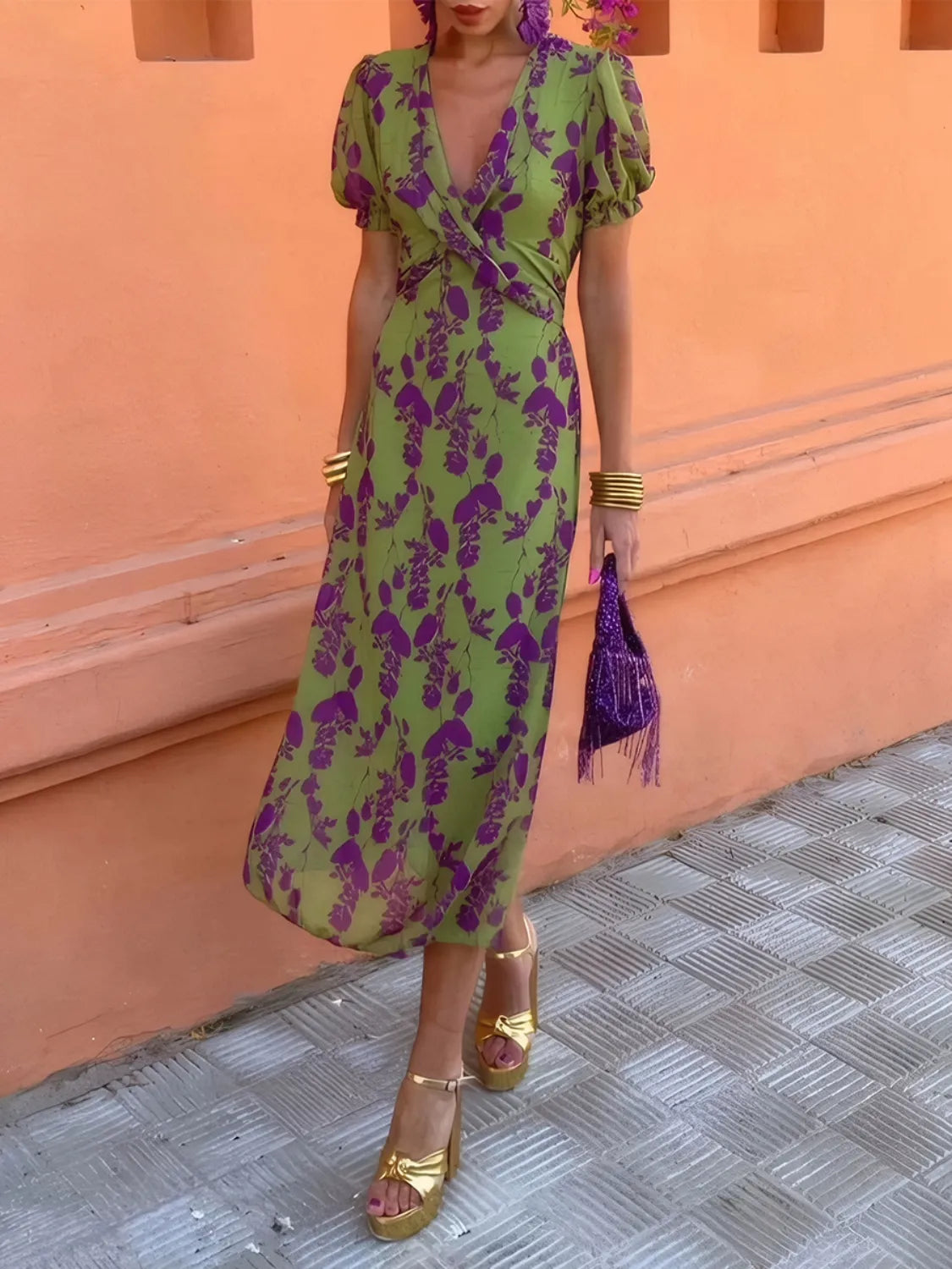 Printed Plunge Short Sleeve Midi Dress - product image 5
