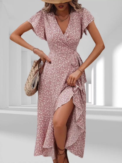Floral Print Ruffle Hem Wrap Midi Dress view 9 - Shopiebay