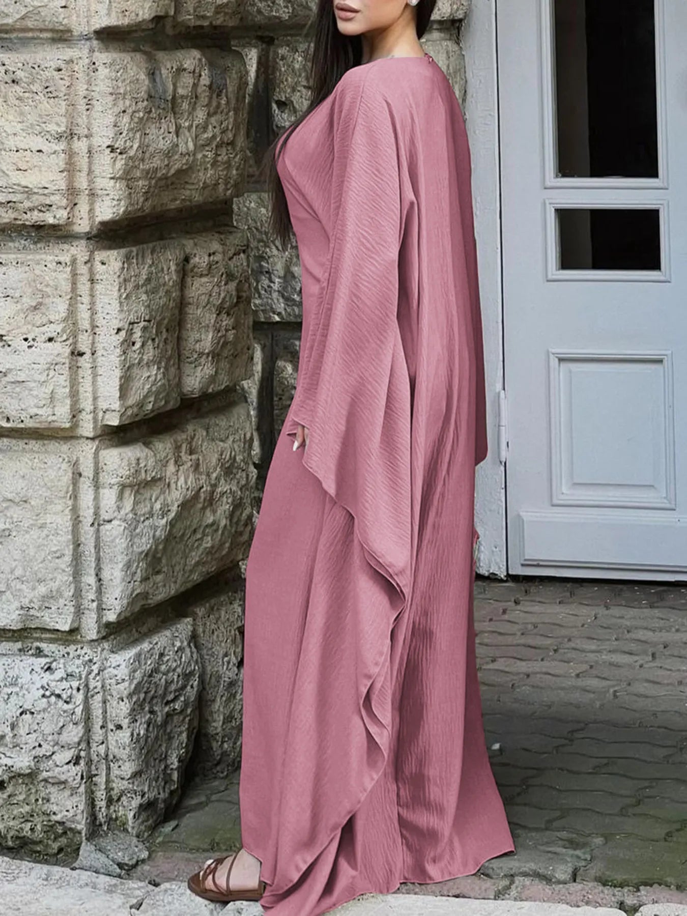 Round Neck Maxi Dress with Flowing Cape Sleeves view 2 - Shopiebay