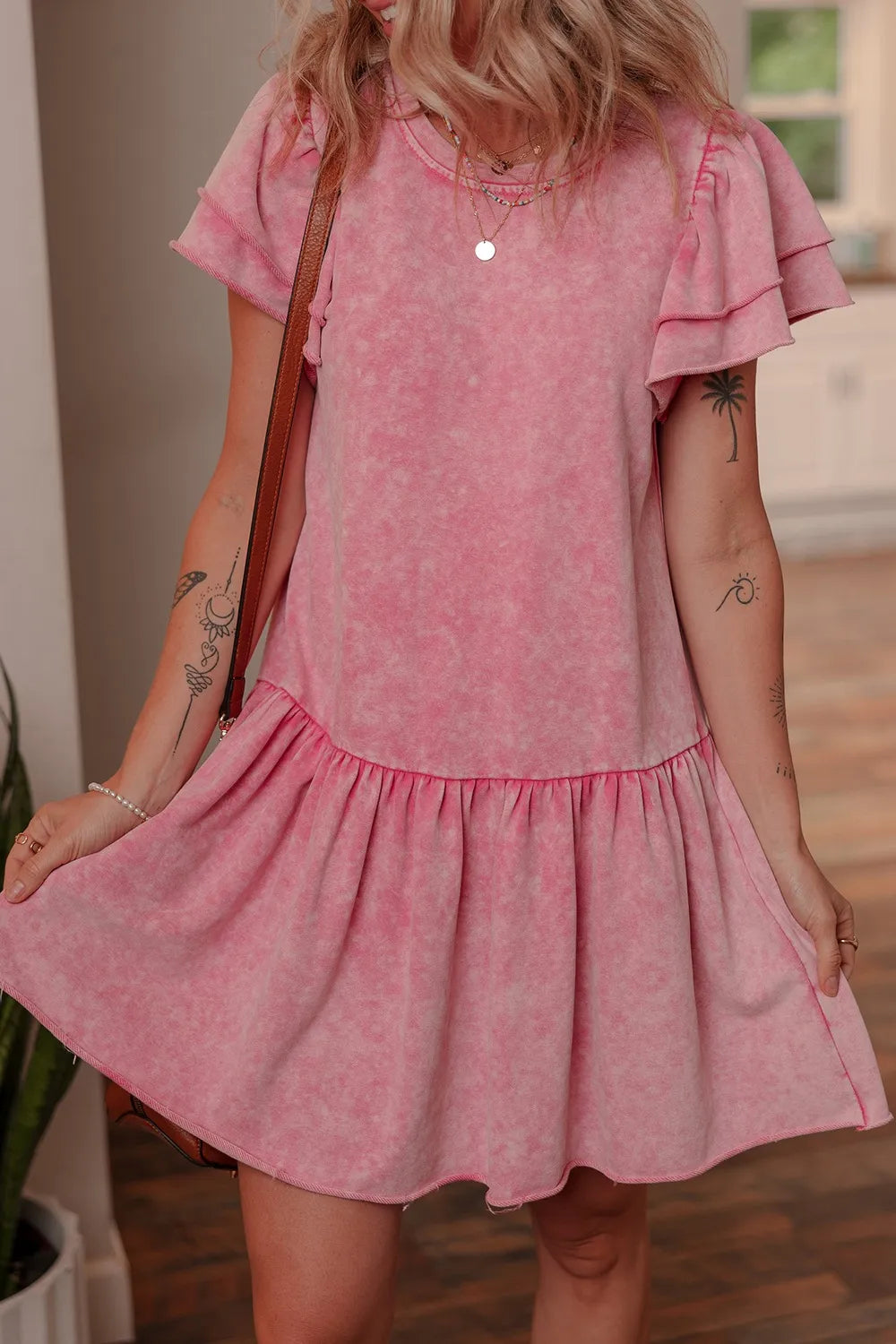 Mineral Wash Raw Edge Ruffle Mini Dress Main image